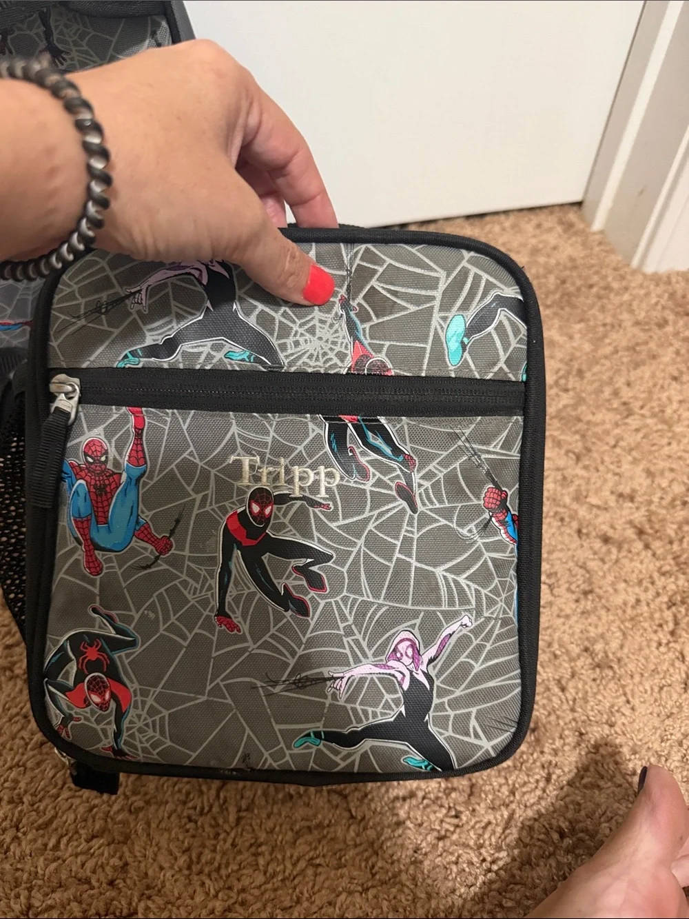 Pottery Barn Kids Gray Spider-Web Print Backpack with Lunch Bag - Gray